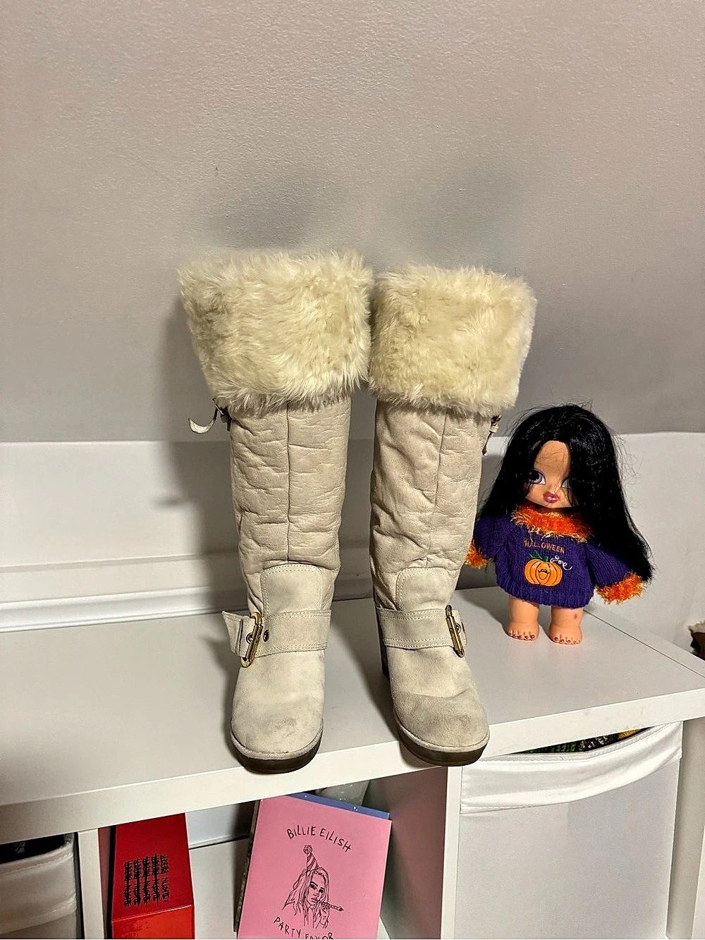 Aldo Cream Fur-Cuff Wedge Boots